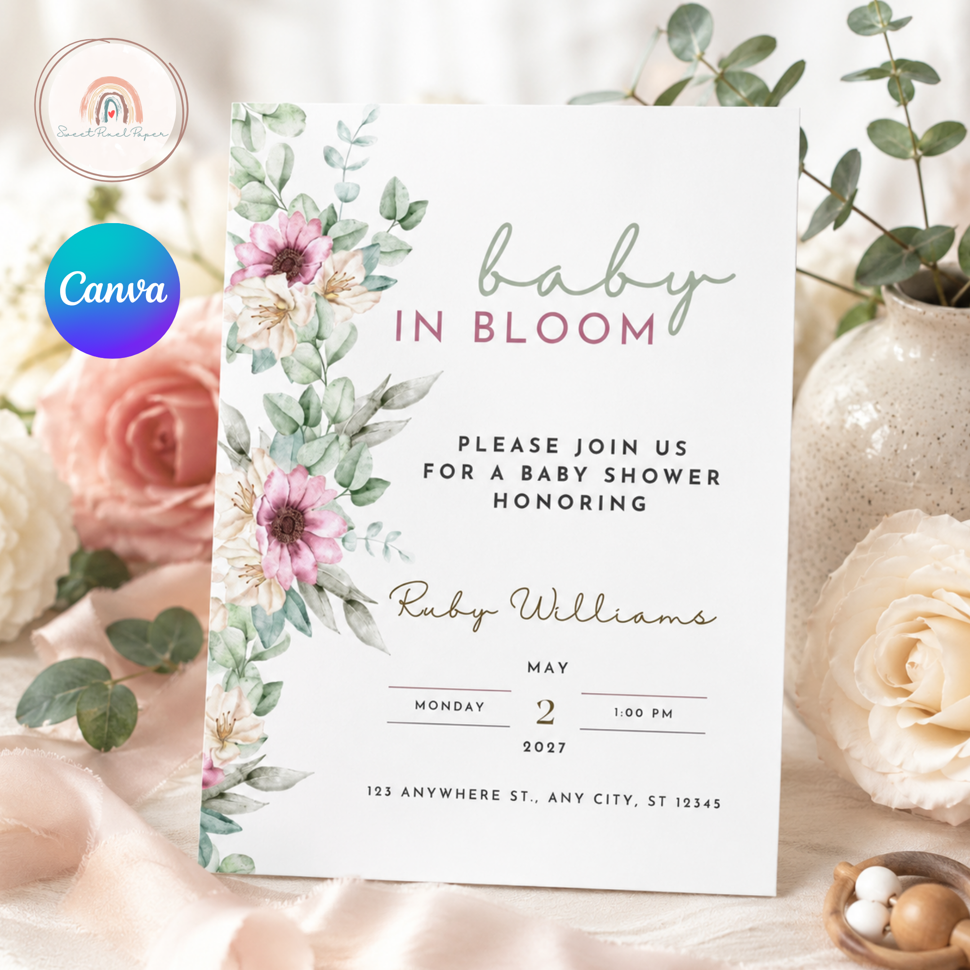 Baby in Bloom Invitation, Baby Shower Invite, Editable and Printable Baby Wildflower Shower Invitation, Instant digital Download – Bild 2