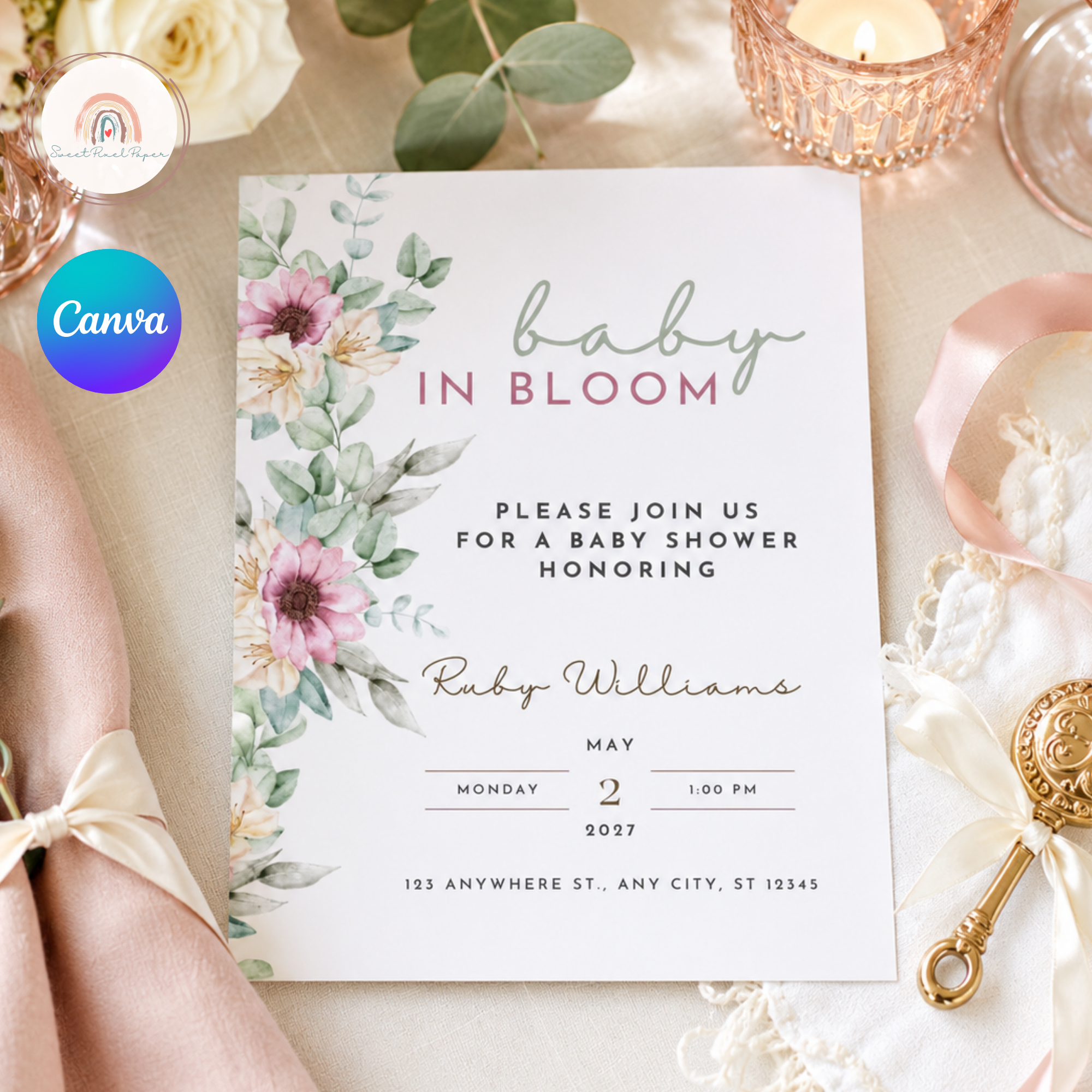 Baby in Bloom Invitation, Baby Shower Invite, Editable and Printable Baby Wildflower Shower Invitation, Instant digital Download – Bild 3